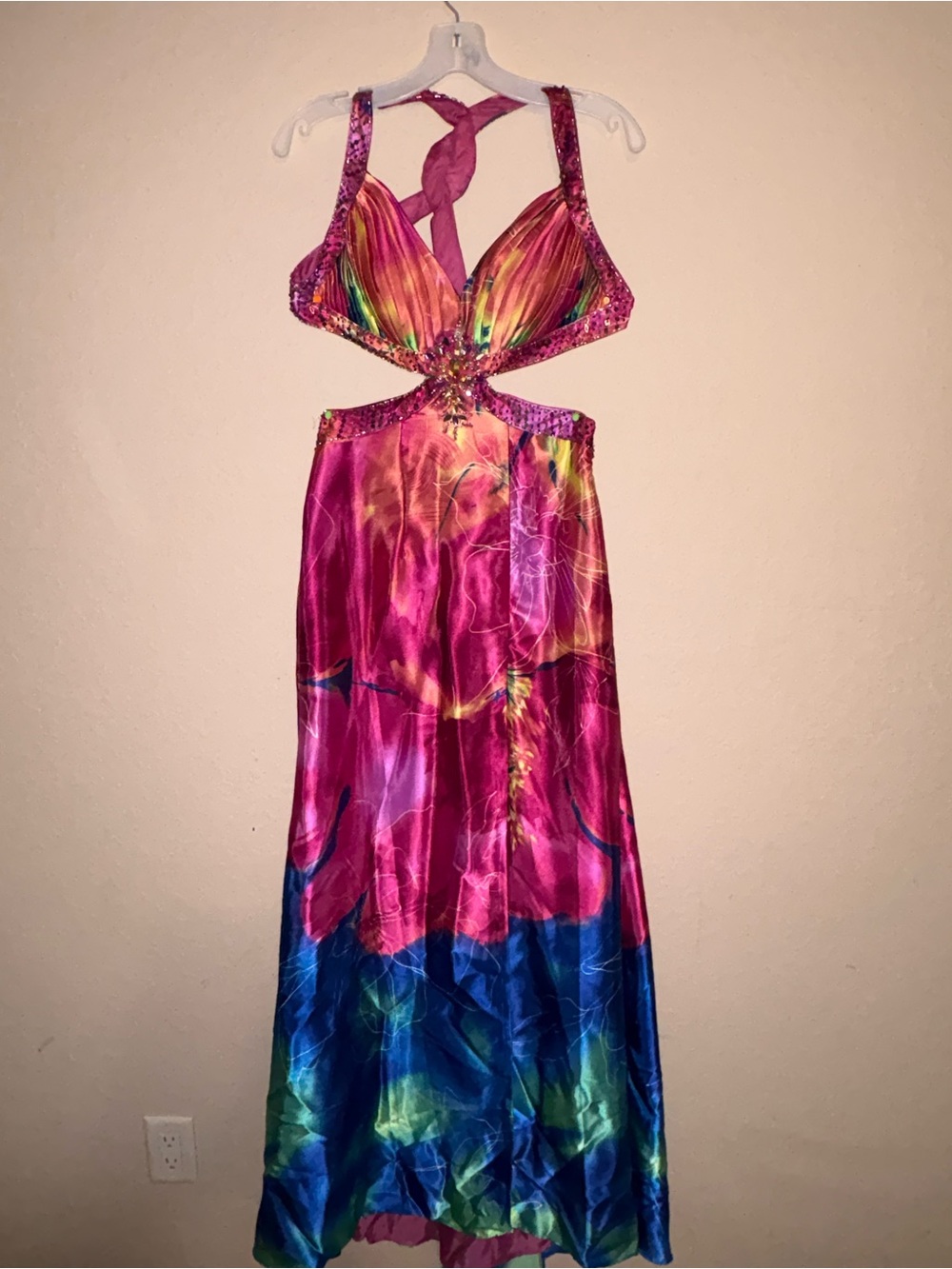 Fuchsia Multicolor Cutout Halter Evening Dress